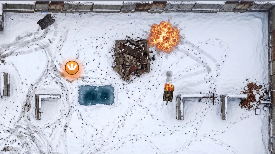 Tank Duel: an explosion and a burning tank in the snowy Frozen Fort arena